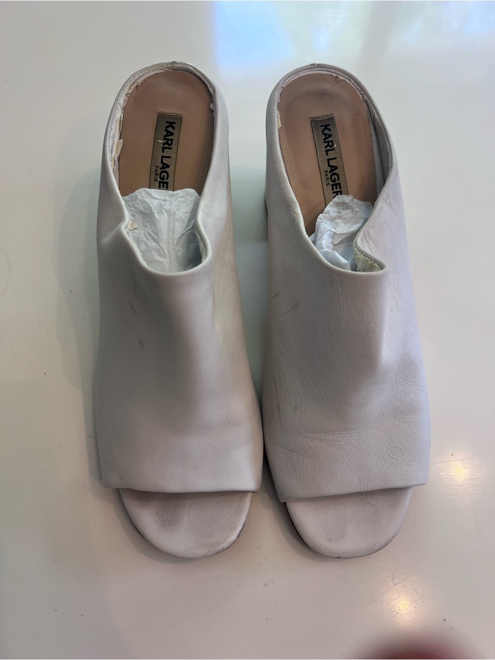 Karl Lagerfeld White Leather Open-Toe Mule Heels w/ Gold Metallic Detail